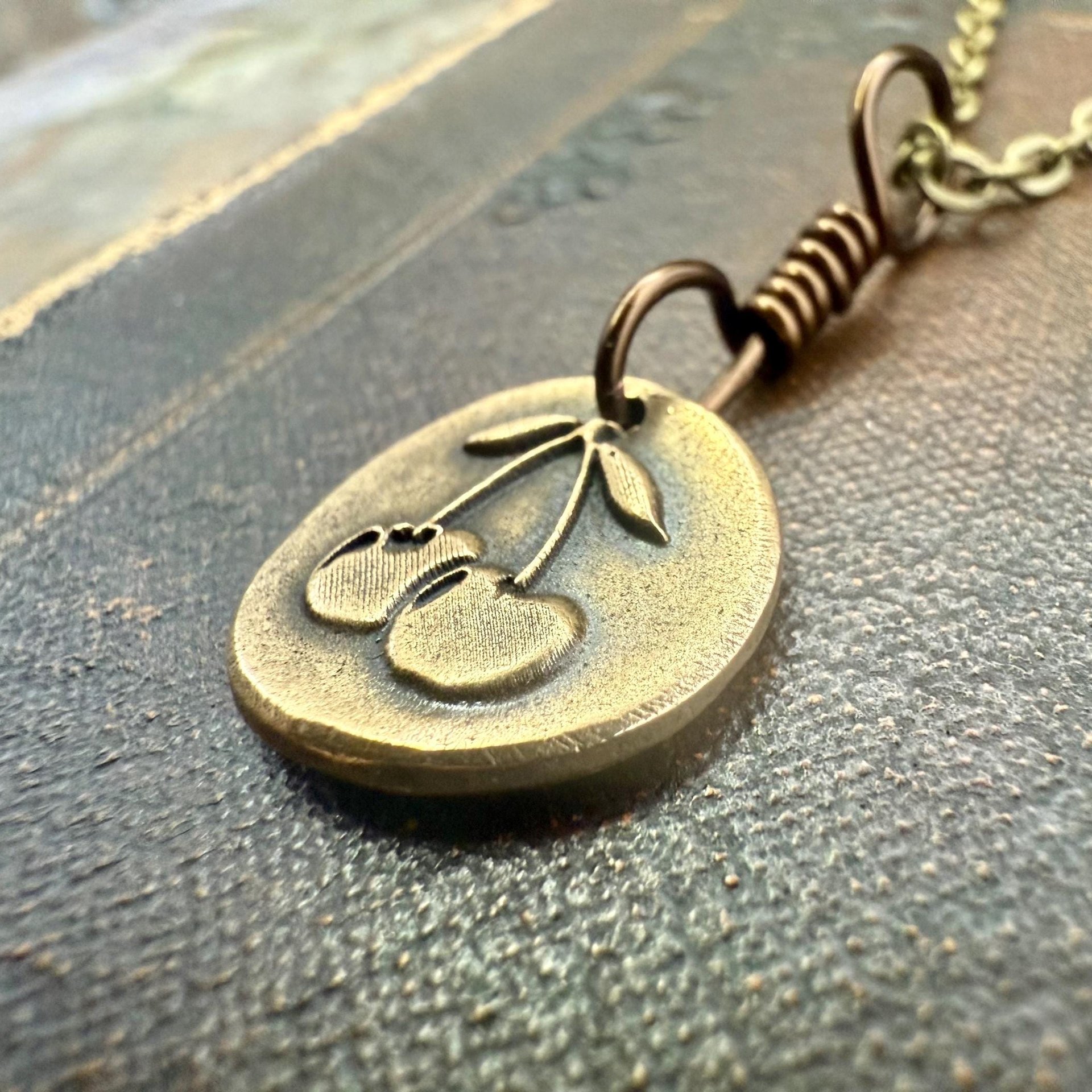 Bronze Cherry Charm, Door County Cherries, Handmade Bronze, Leather Vegan Cords, Wisconsin Cherry Trees, Souvenir Talisman of Door County