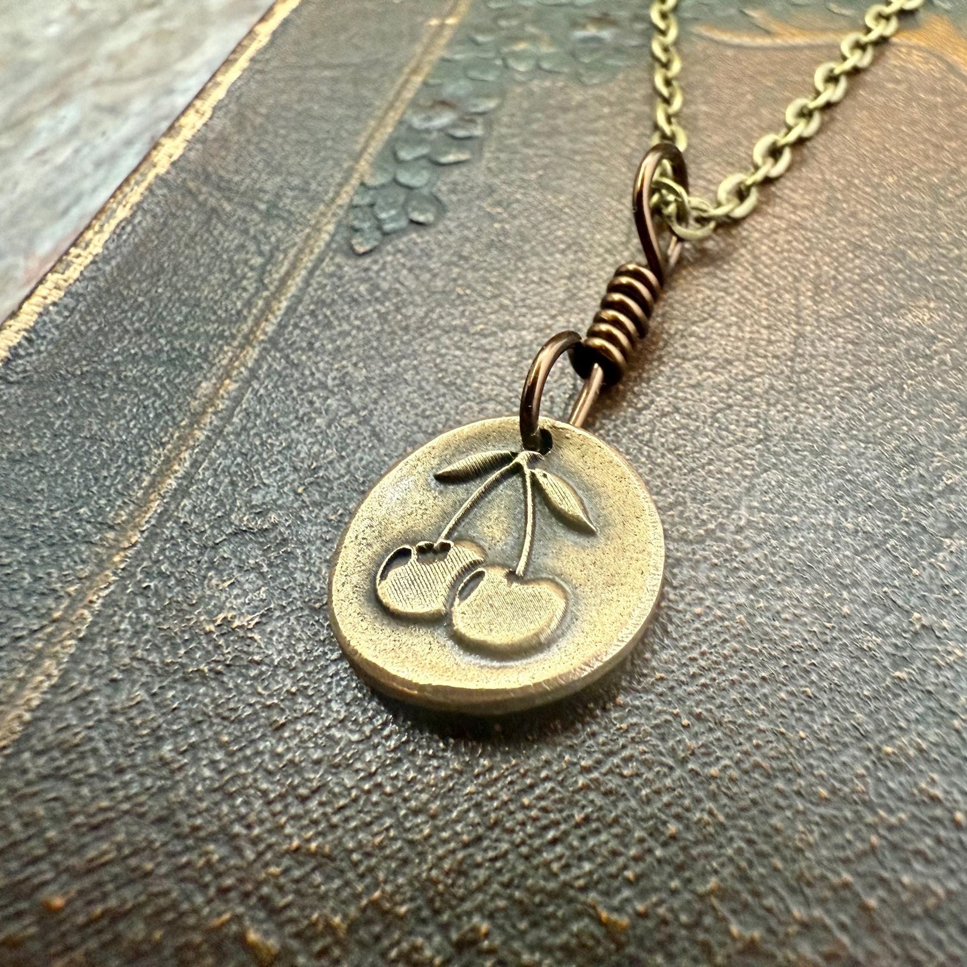 Bronze Cherry Charm, Door County Cherries, Handmade Bronze, Leather Vegan Cords, Wisconsin Cherry Trees, Souvenir Talisman of Door County