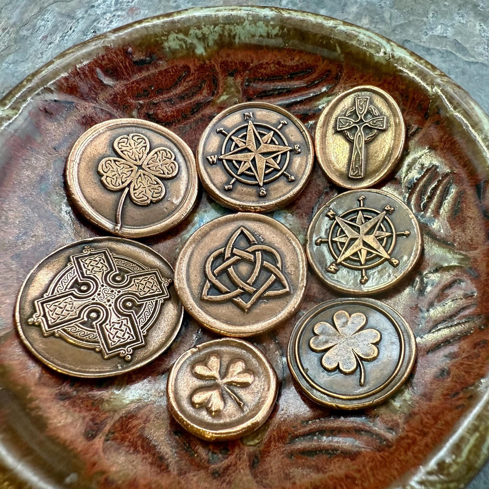 Copper Pocket Charms, Good Luck, Safety Protection, Magical Charms, Talisman Amulet, Compass, Celtic Cross, Shamrock Clover, Pocket Tokens
