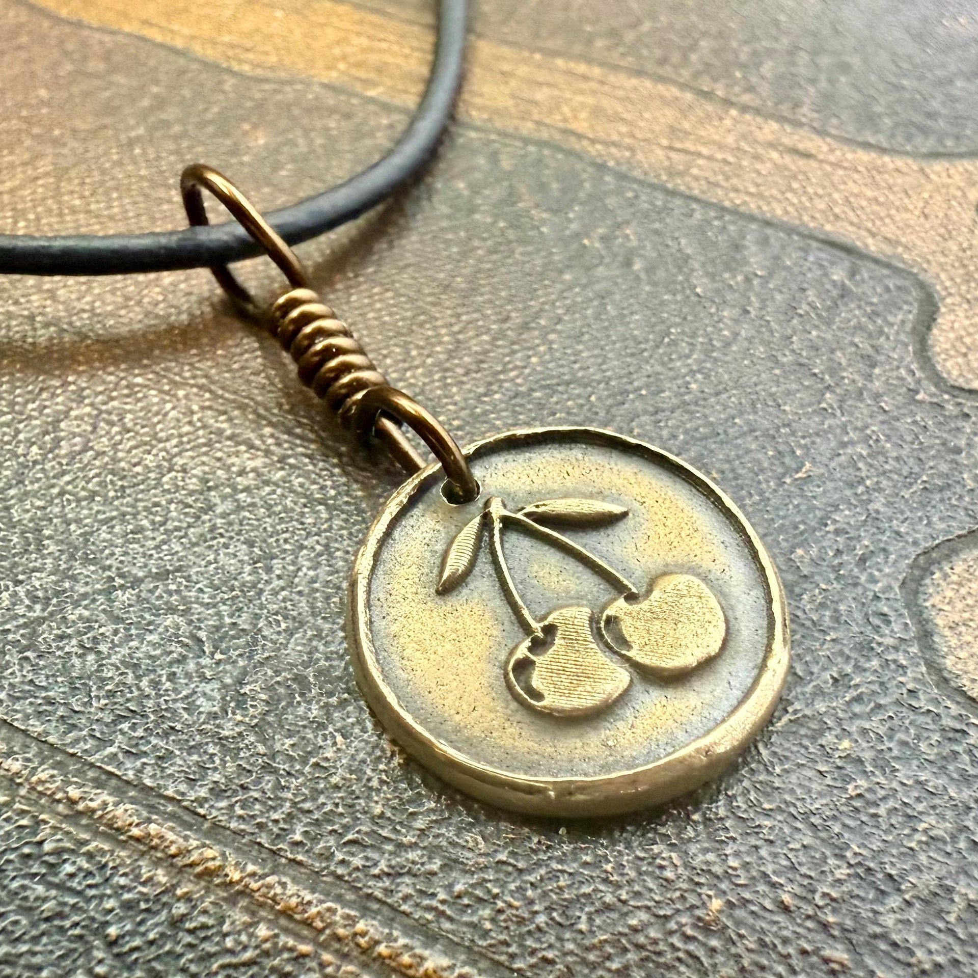 Bronze Cherry Charm, Door County Cherries, Handmade Bronze, Leather Vegan Cords, Wisconsin Cherry Trees, Souvenir Talisman of Door County