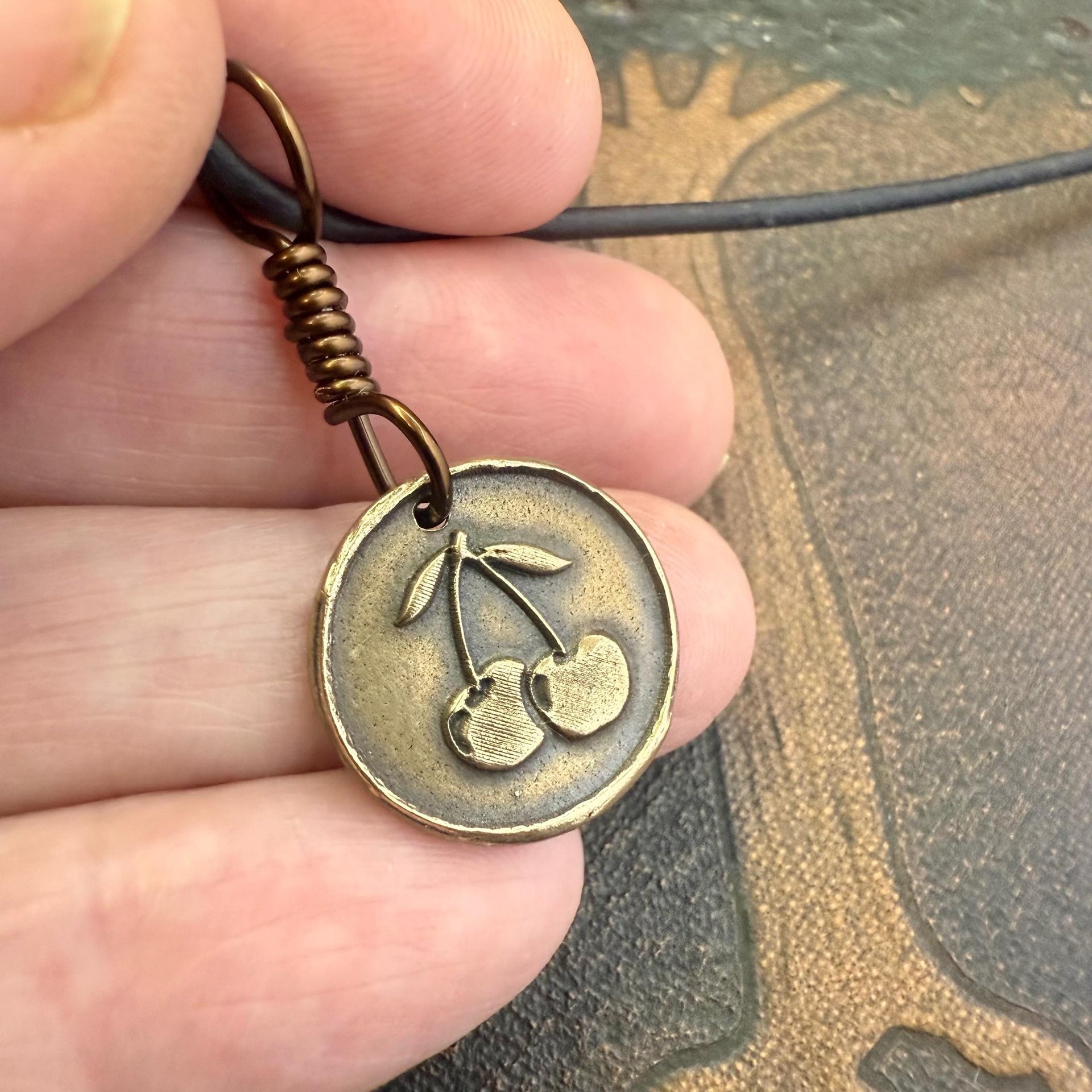 Bronze Cherry Charm, Door County Cherries, Handmade Bronze, Leather Vegan Cords, Wisconsin Cherry Trees, Souvenir Talisman of Door County