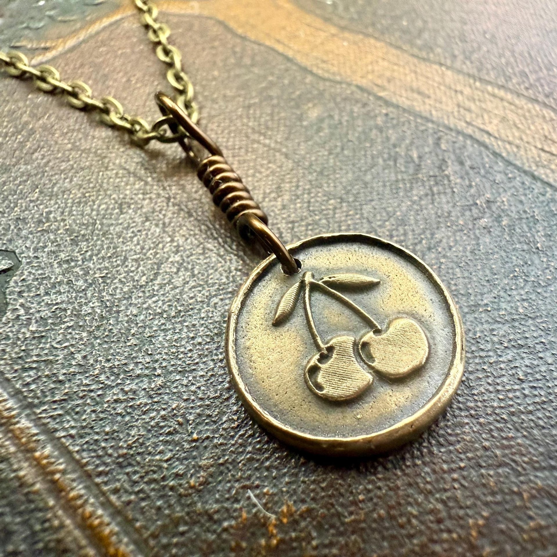 Bronze Cherry Charm, Door County Cherries, Handmade Bronze, Leather Vegan Cords, Wisconsin Cherry Trees, Souvenir Talisman of Door County