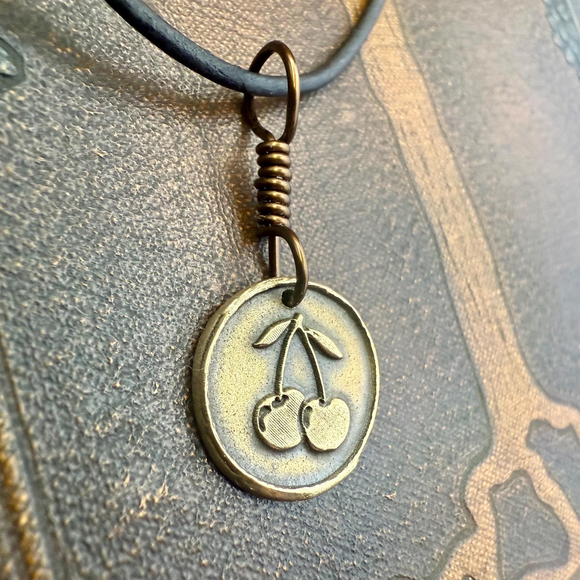Bronze Cherry Charm, Door County Cherries, Handmade Bronze, Leather Vegan Cords, Wisconsin Cherry Trees, Souvenir Talisman of Door County