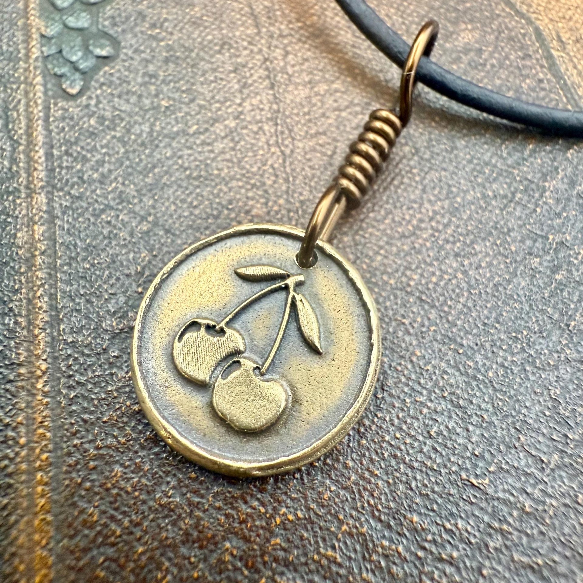 Bronze Cherry Charm, Door County Cherries, Handmade Bronze, Leather Vegan Cords, Wisconsin Cherry Trees, Souvenir Talisman of Door County