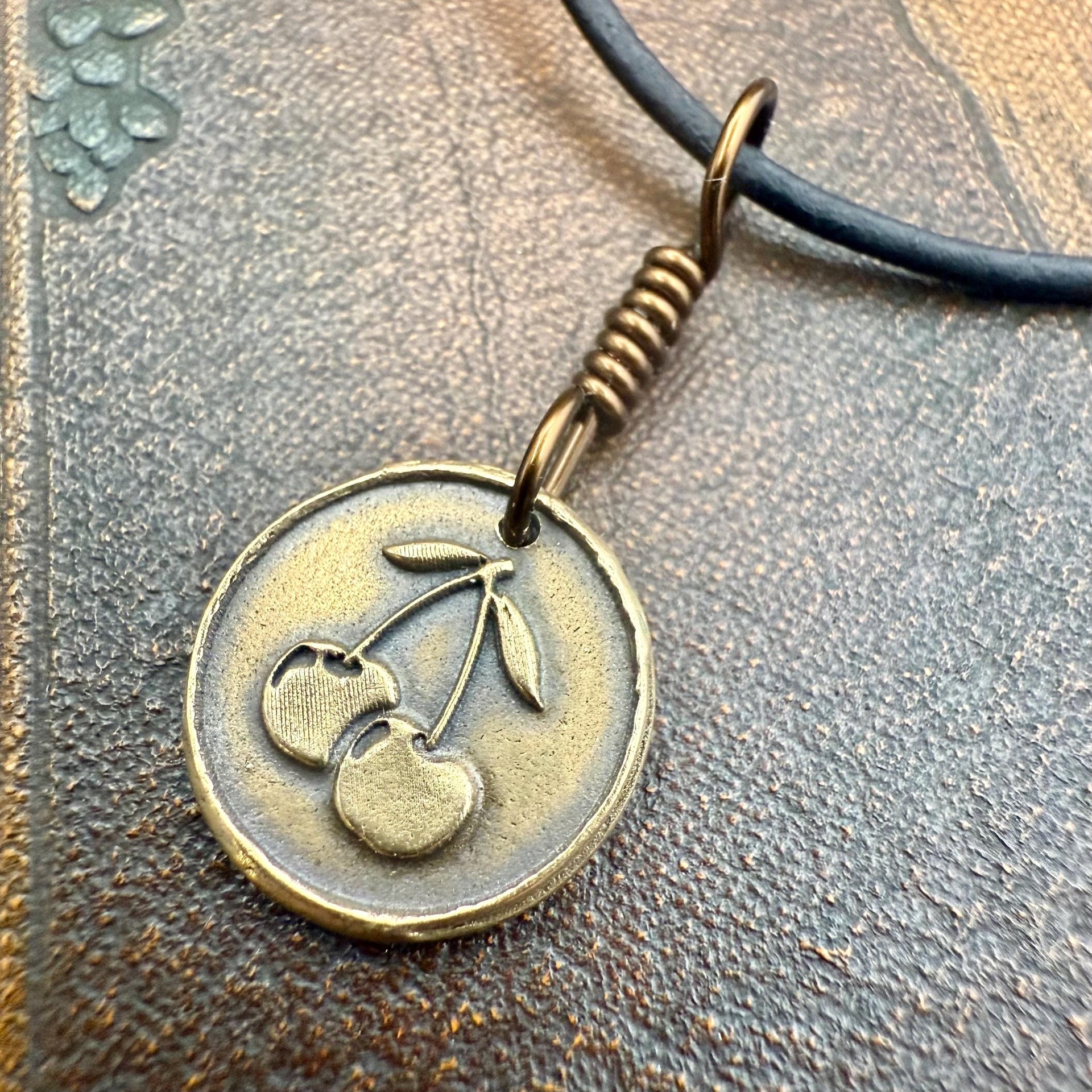 Bronze Cherry Charm, Door County Cherries, Handmade Bronze, Leather Vegan Cords, Wisconsin Cherry Trees, Souvenir Talisman of Door County