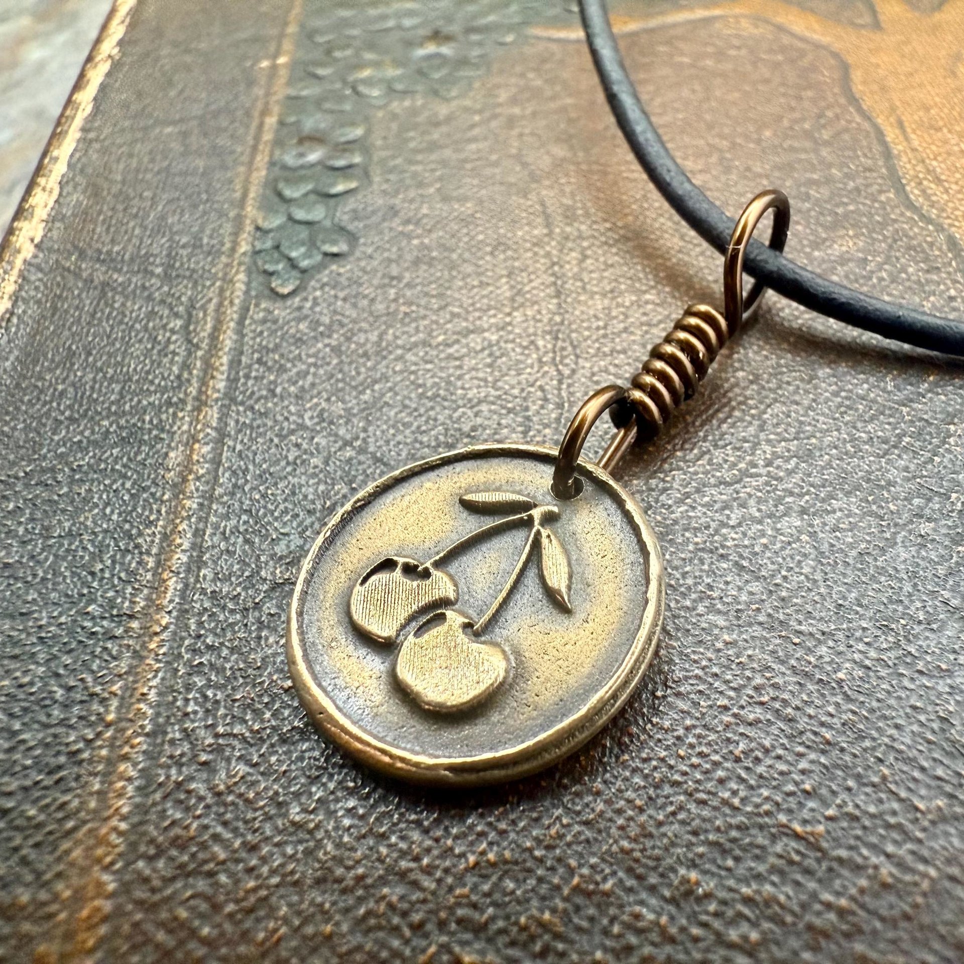 Bronze Cherry Charm, Door County Cherries, Handmade Bronze, Leather Vegan Cords, Wisconsin Cherry Trees, Souvenir Talisman of Door County