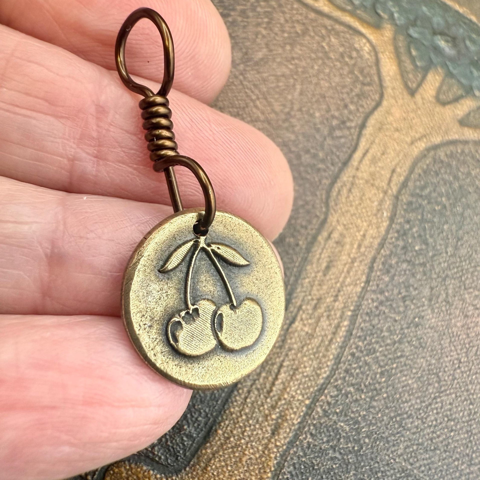Bronze Cherry Charm, Door County Cherries, Handmade Bronze, Leather Vegan Cords, Wisconsin Cherry Trees, Souvenir Talisman of Door County