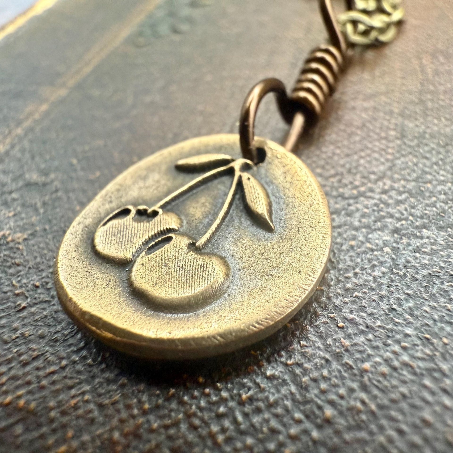 Bronze Cherry Charm, Door County Cherries, Handmade Bronze, Leather Vegan Cords, Wisconsin Cherry Trees, Souvenir Talisman of Door County