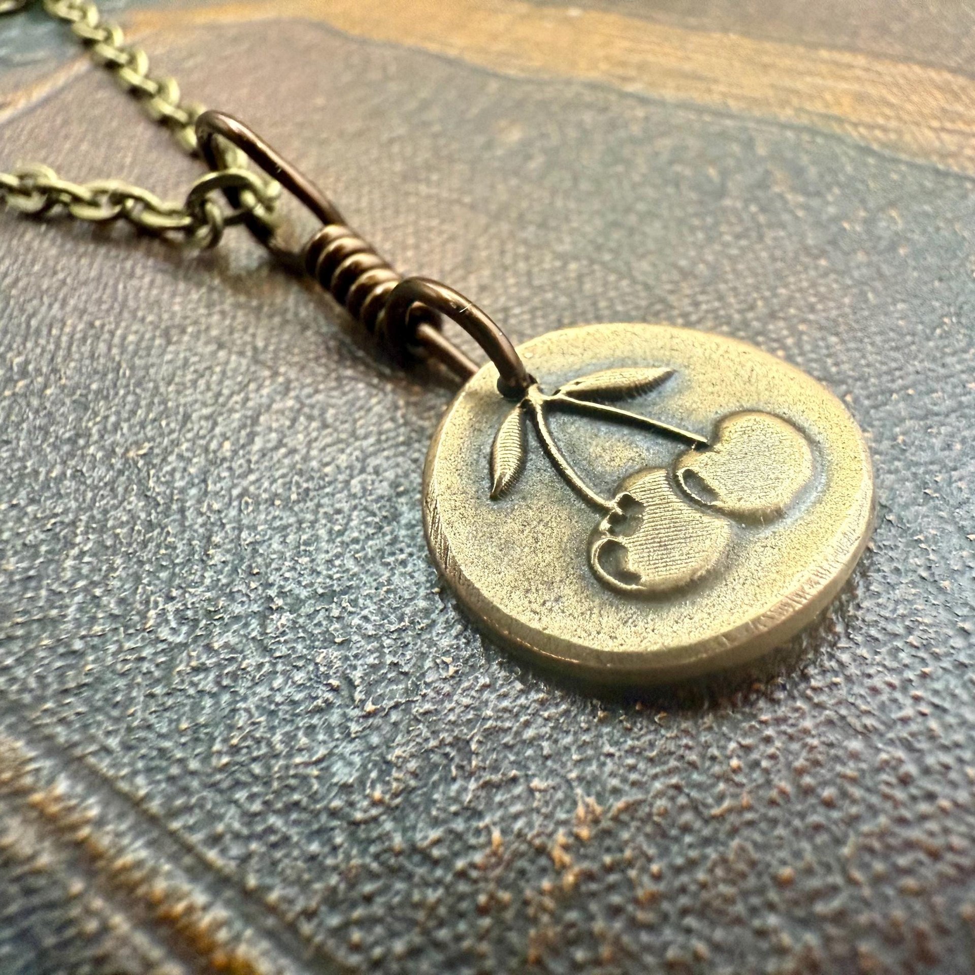 Bronze Cherry Charm, Door County Cherries, Handmade Bronze, Leather Vegan Cords, Wisconsin Cherry Trees, Souvenir Talisman of Door County