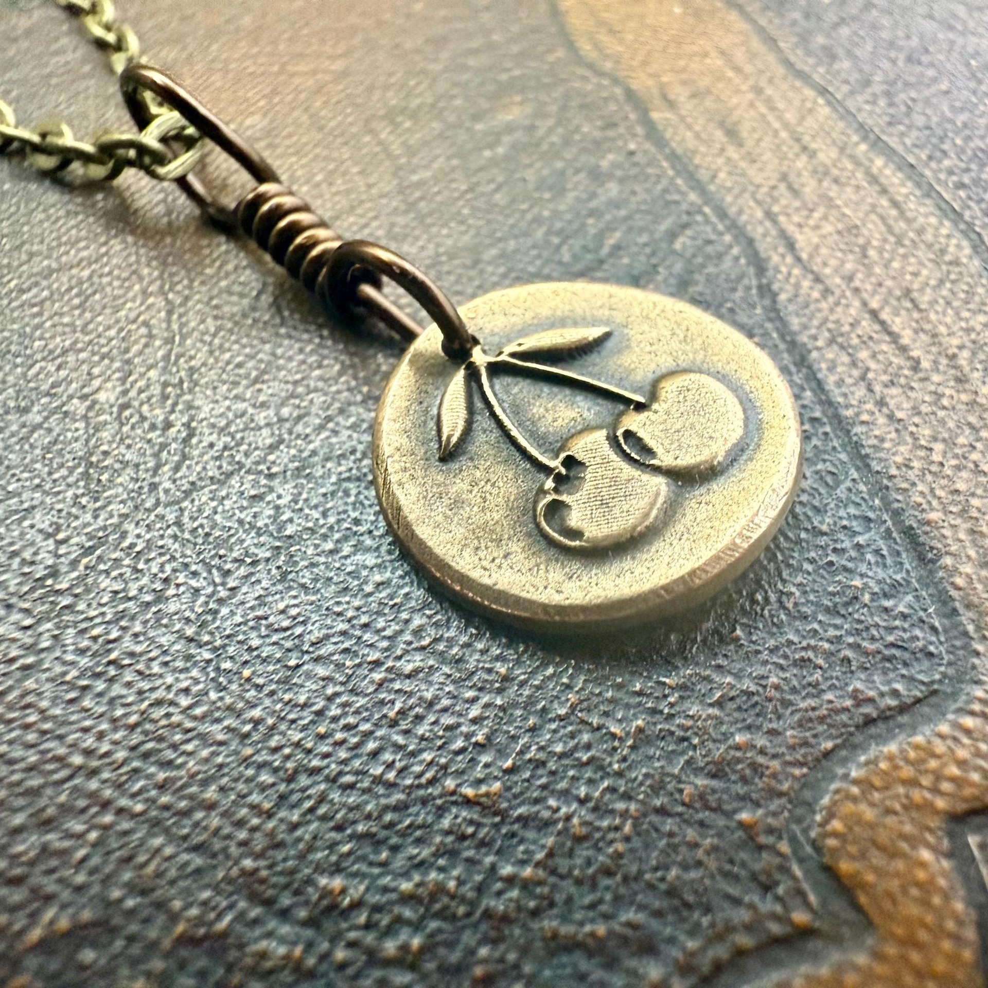 Bronze Cherry Charm, Door County Cherries, Handmade Bronze, Leather Vegan Cords, Wisconsin Cherry Trees, Souvenir Talisman of Door County