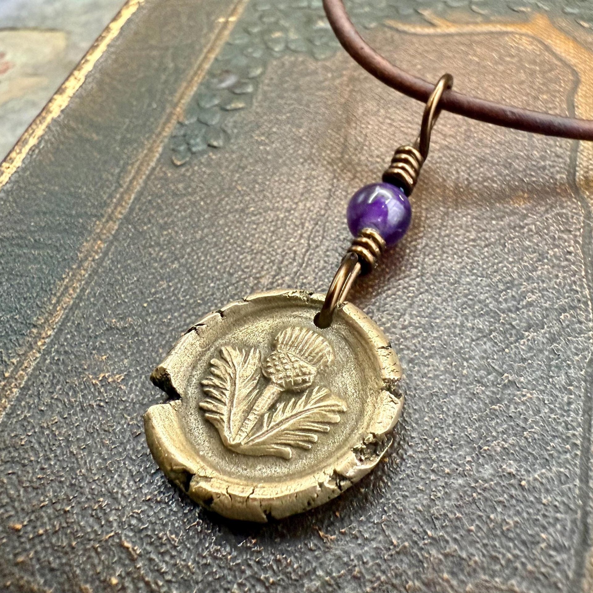 Thistle Bronze Charm, Amethyst Bead, Symbol of Scotland, Gift of Resilience, Scottish Heritage, Leather & Vegan Cords, Recycled Bronze Art