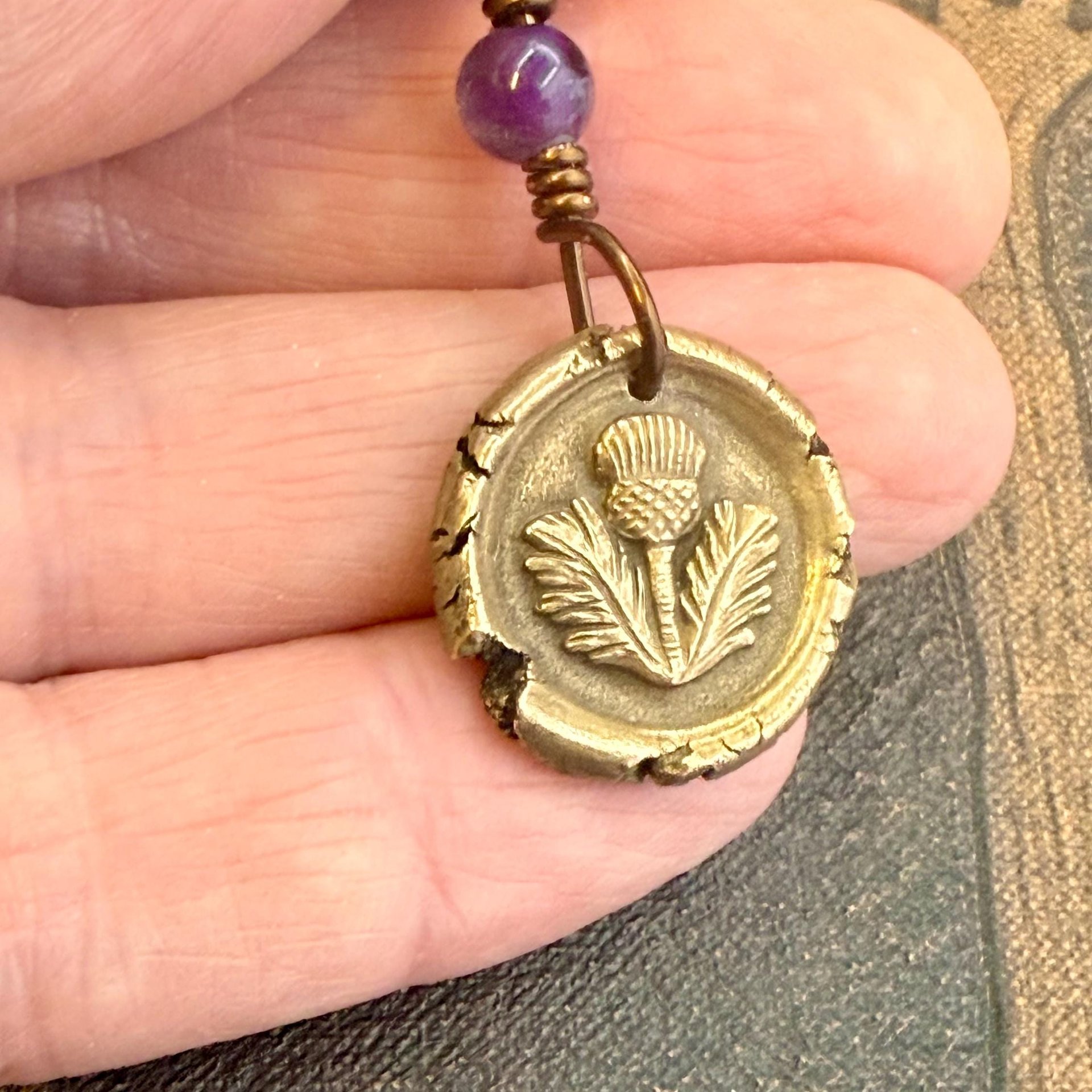 Thistle Bronze Charm, Amethyst Bead, Symbol of Scotland, Gift of Resilience, Scottish Heritage, Leather & Vegan Cords, Recycled Bronze Art