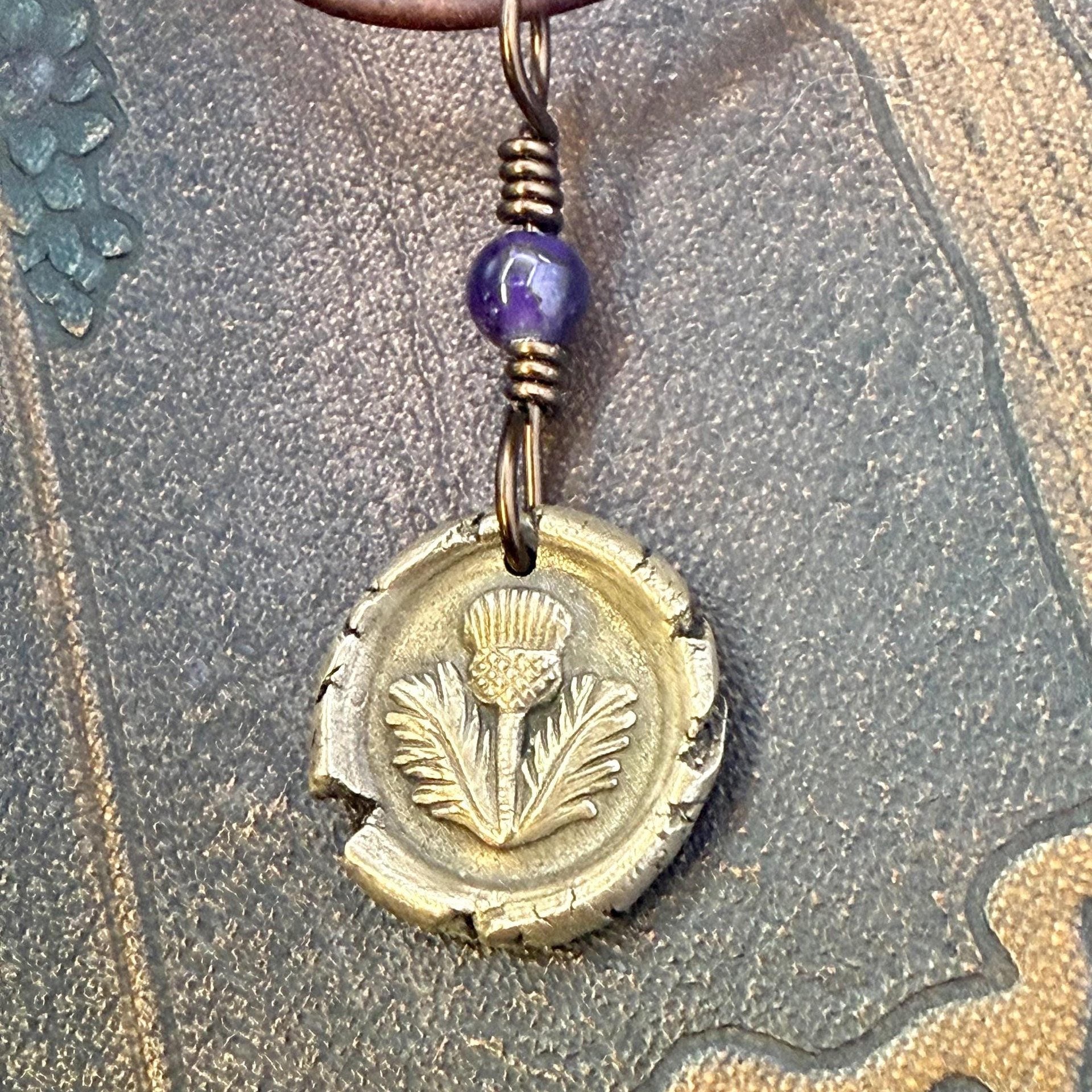 Thistle Bronze Charm, Amethyst Bead, Symbol of Scotland, Gift of Resilience, Scottish Heritage, Leather & Vegan Cords, Recycled Bronze Art