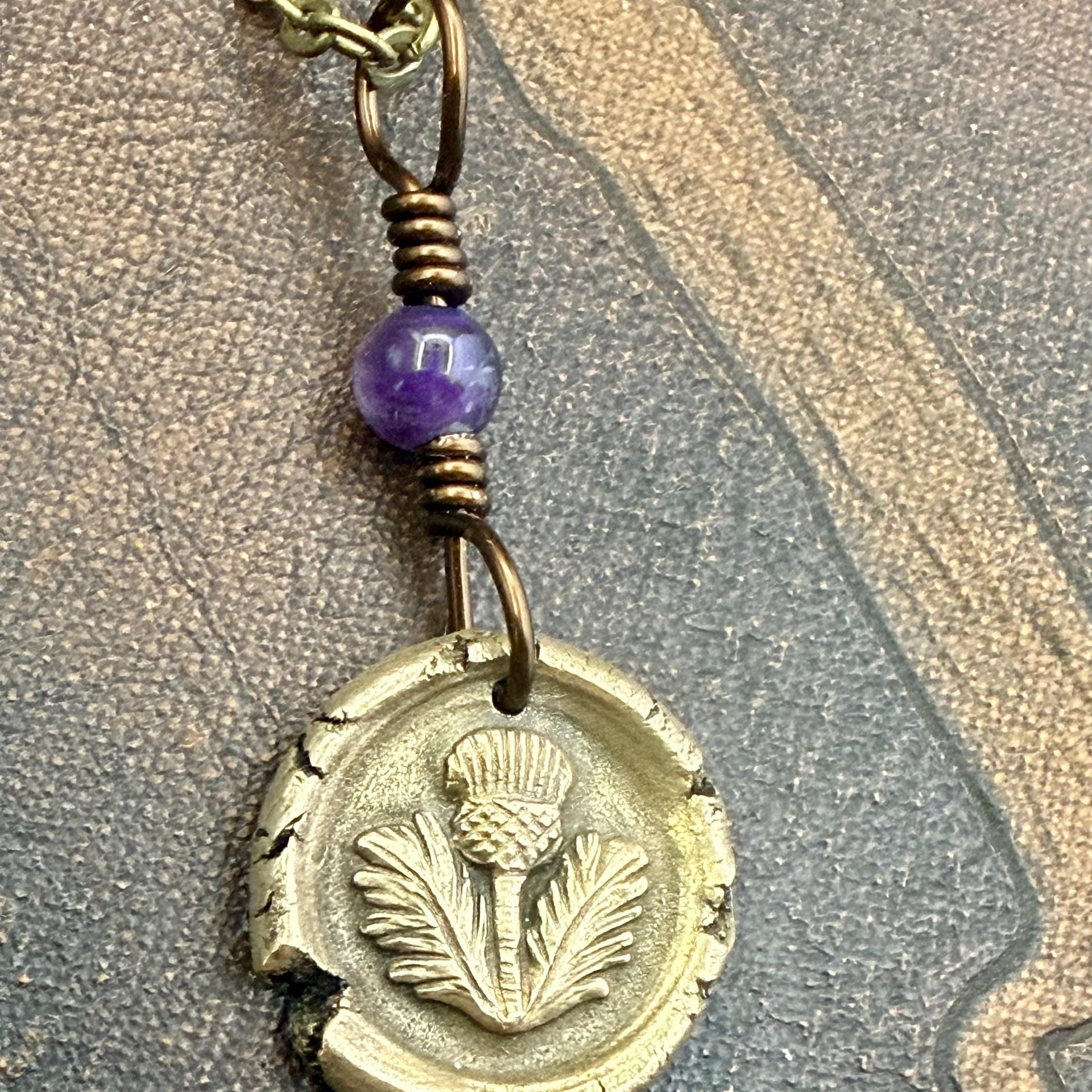 Thistle Bronze Charm, Amethyst Bead, Symbol of Scotland, Gift of Resilience, Scottish Heritage, Leather & Vegan Cords, Recycled Bronze Art