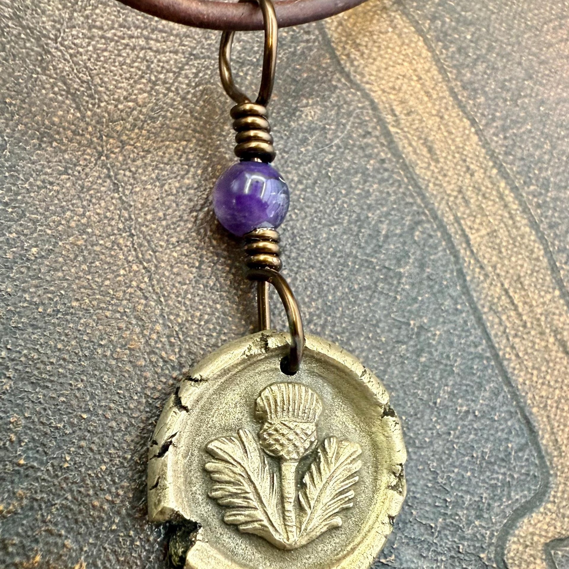 Thistle Bronze Charm, Amethyst Bead, Symbol of Scotland, Gift of Resilience, Scottish Heritage, Leather & Vegan Cords, Recycled Bronze Art