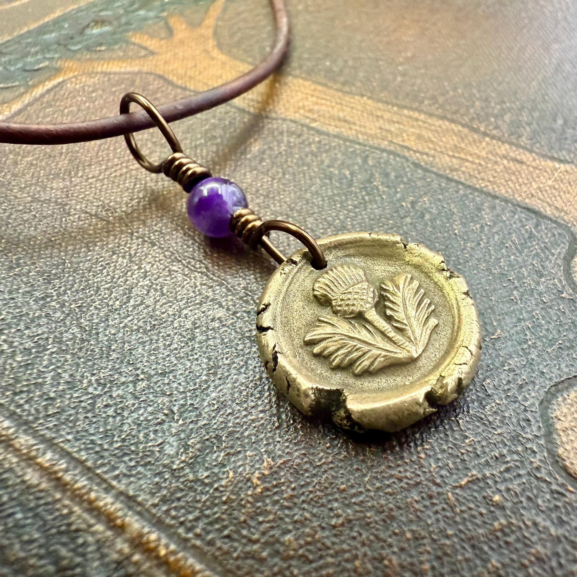 Thistle Bronze Charm, Amethyst Bead, Symbol of Scotland, Gift of Resilience, Scottish Heritage, Leather & Vegan Cords, Recycled Bronze Art
