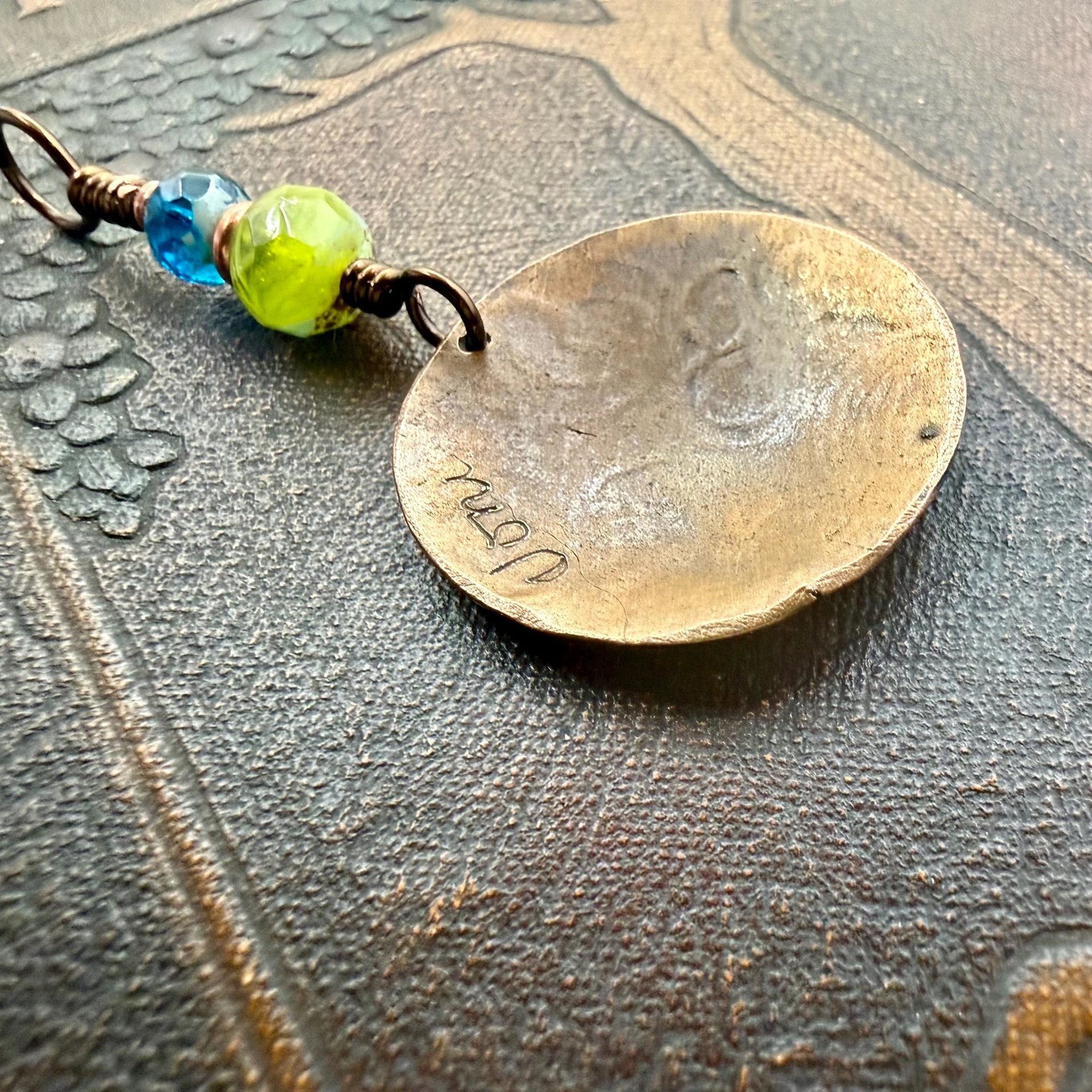 Copper Raven Pendant, Colorful Patina, Czech Glass Beads, Hand Carved, Irish Celtic Spirals, Celtic Witch Goddess, Crow Corvid Birds, Earthy