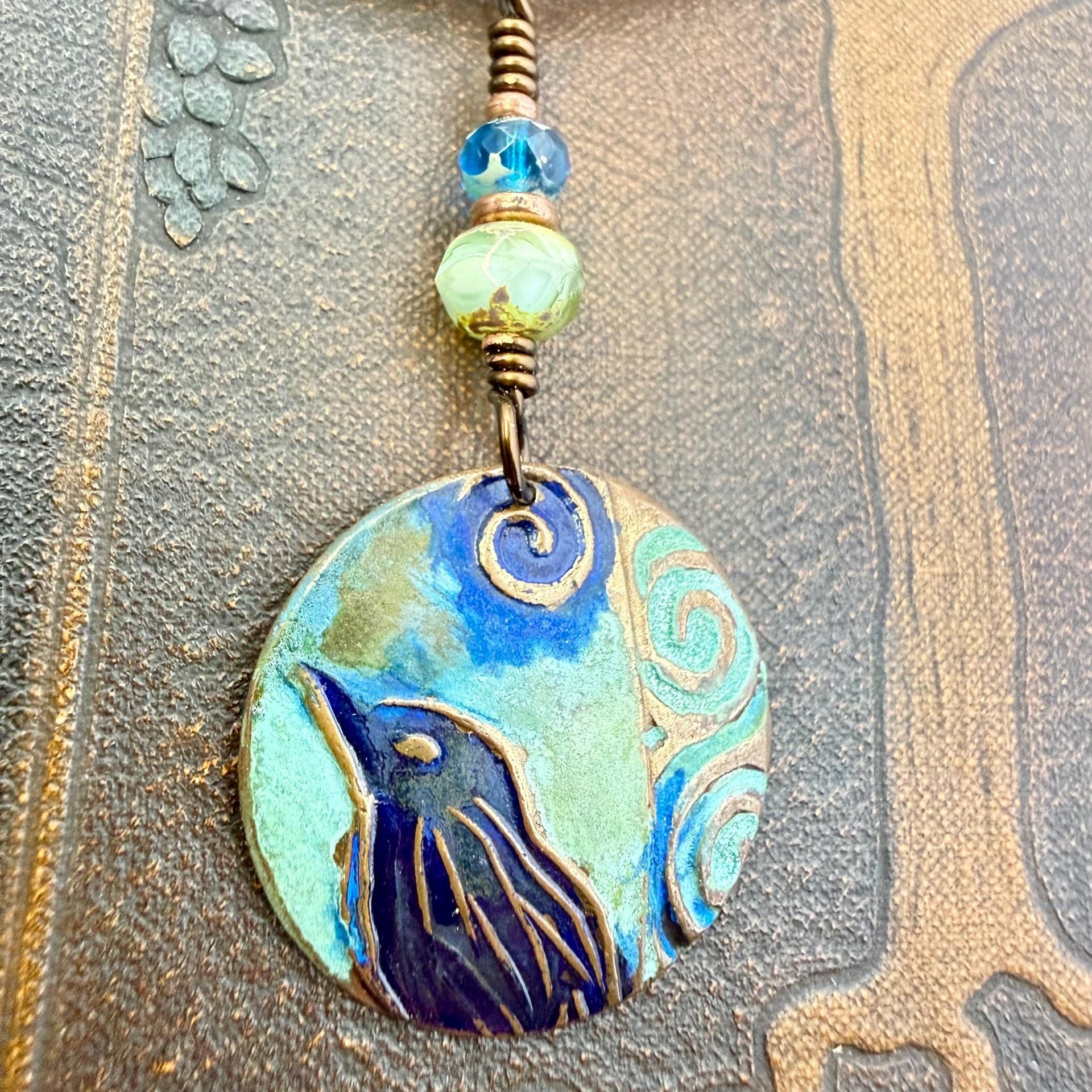 Copper Raven Pendant, Colorful Patina, Czech Glass Beads, Hand Carved, Irish Celtic Spirals, Celtic Witch Goddess, Crow Corvid Birds, Earthy