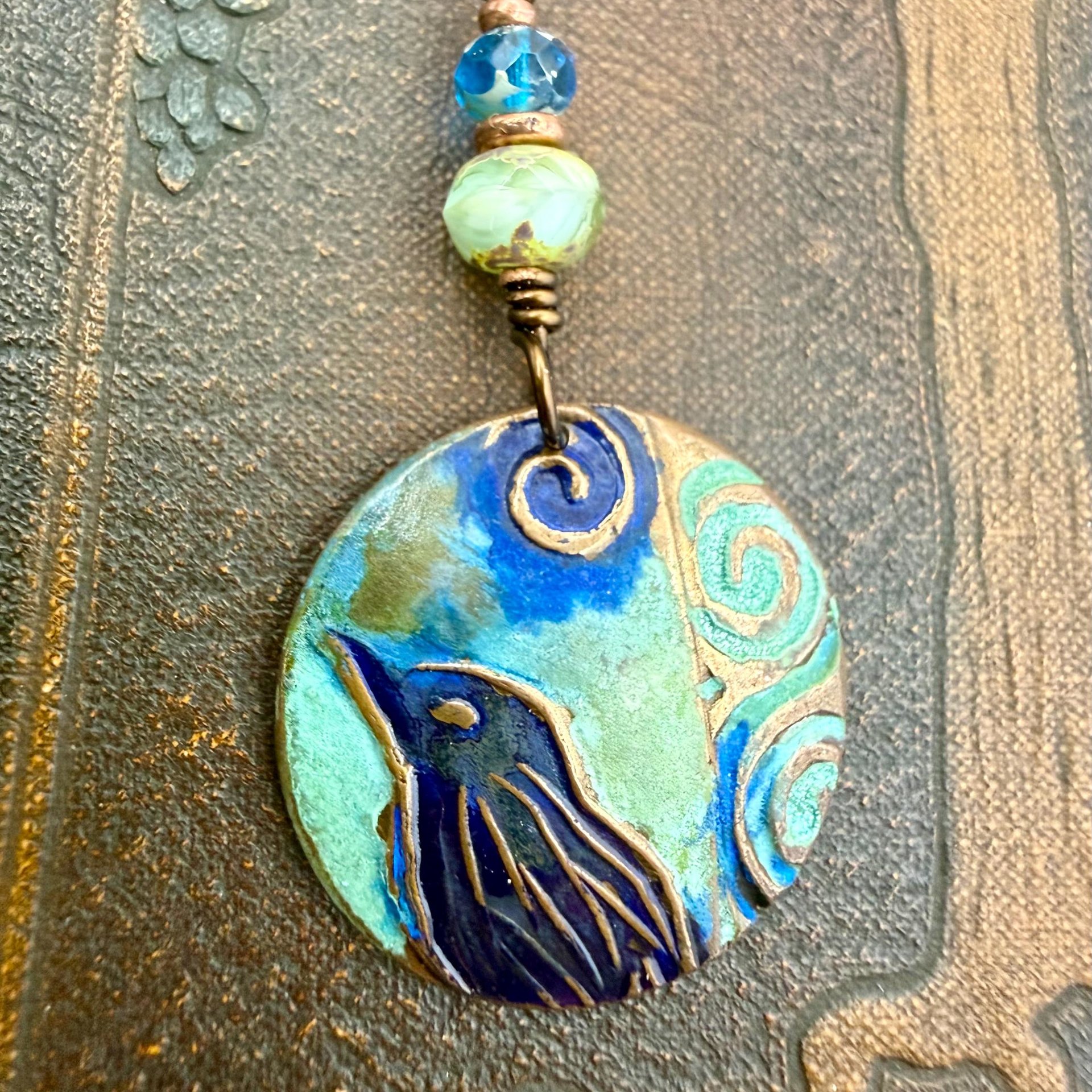 Copper Raven Pendant, Colorful Patina, Czech Glass Beads, Hand Carved, Irish Celtic Spirals, Celtic Witch Goddess, Crow Corvid Birds, Earthy