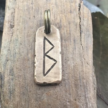 Berkano Rune, Bronze Rune Charm, Hand Carved, Viking Pendant for Men, Unisex, Elder Futhark, Ancient Pagan, Leather & Vegan Necklace Cords
