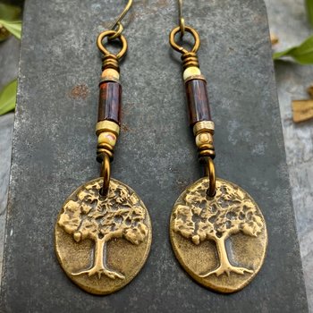 Tree of Life, Bronze Earrings, Czech Glass Beads, Hypoallergenic Ear Wires, Handmade, Art Jewelry, Wire Wrapped Beads, Oval Tree Dangles