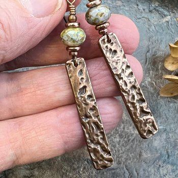 Copper Textured Earrings, Czech Glass Beads, Hypoallergenic Ear Wires, Earthy Rustic,  Light Long Skinny Earrings, Boho Earthy Style