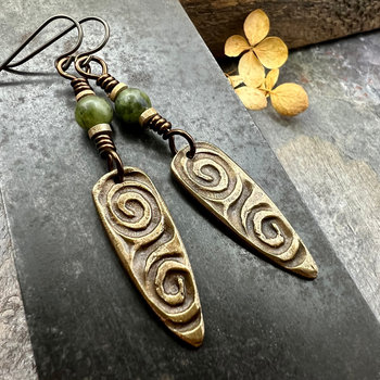 Bronze Shield Earrings, Irish Celtic Spiral, Connemara Marble, Hypoallergenic Ear Wires, Dagger Teardrop, Tribal Earthy Jewelry, Handmade