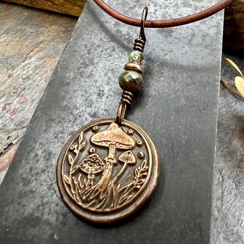 Mushroom Copper Pendant, Wax Seal Charm, Czech Glass Beads, Green Witch Jewelry, Earthy Rustic, Fungi Necklace, Leather and Vegan Cords