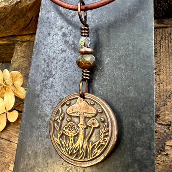 Mushroom Copper Pendant, Wax Seal Charm, Czech Glass Beads, Green Witch Jewelry, Earthy Rustic, Fungi Necklace, Leather and Vegan Cords
