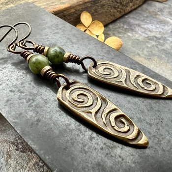 Bronze Shield Earrings, Irish Celtic Spiral, Connemara Marble, Hypoallergenic Ear Wires, Dagger Teardrop, Tribal Earthy Jewelry, Handmade