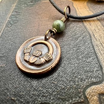 Copper Claddagh Charm, Wax Seal Charm, Connemara Marble, Irish Celtic Jewelry, Pagan, 7th Anniversary, Love, Friendship, Loyalty, Handmade