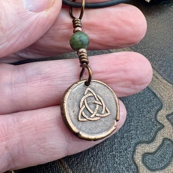 Copper Trinity Knot, Triquetra, Wax Seal Charm, Connemara Marble, Irish Celtic Jewelry, Pagan, 7th Anniversary, Triple Goddess, Celtic Witch