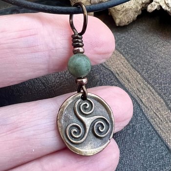 Triskele Charm, Copper Necklace, Wax Seal Charm, Connemara Marble, Irish Celtic Pagan, 7 Anniversary, Celtic Witch, Triskelion Triple Spiral