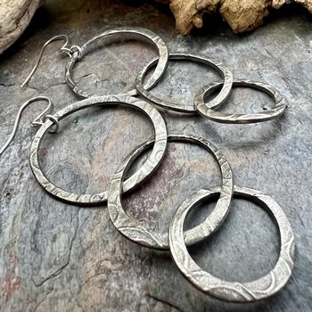 Triple Hoop Sterling Silver Earrings, Hypoallergenic Ear Wires, Long Statement Earrings, Hoop Dangles, Fun Jewelry, Earthy Rustic, Boho Chic