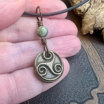 Triskele Bronze Charm, Wax Seal Charm, Connemara Marble Bead, Irish Celtic, 8 Anniversary, Celtic Witch, Triskelion Triple Spiral, Pagan