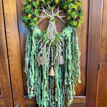 Tree of Life Witch Bells, 9 Inch Mossy Wreath, Spring Ostara Decor, Housewarming Gifts, Spirit Altar Bells, Earthy Pagan, MADE TO ORDER