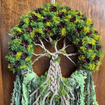 Tree of Life Witch Bells, 9 Inch Mossy Wreath, Spring Ostara Decor, Housewarming Gifts, Spirit Altar Bells, Earthy Pagan, MADE TO ORDER