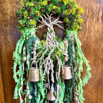 Tree of Life Witch Bells, Home & Door Protection, Doorknob, 5 Inch Mossy Wreath, Housewarming Gifts, Spirit Altar Bells, Recycled Ribbons