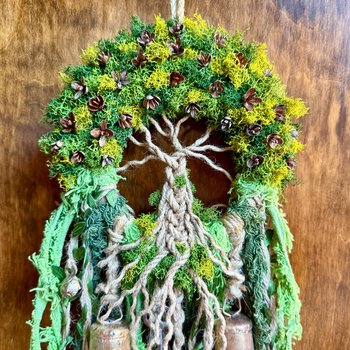 Tree of Life Witch Bells, Home & Door Protection, Doorknob, 5 Inch Mossy Wreath, Housewarming Gifts, Spirit Altar Bells, Recycled Ribbons