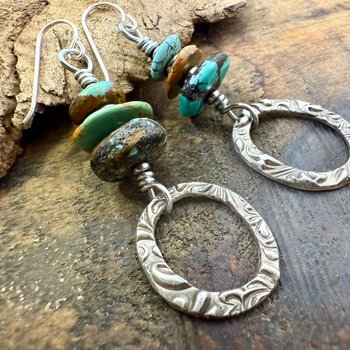 Sterling Silver & Turquoise, Drop Hoop Earrings, Summer Boho Style, Earthy Rustic Jewelry, Stacked Cairn Beads, Everyday, Handmade Art Style