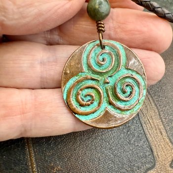 Triskele Copper Pendant, Verdigris Patina, Hand Carved, Connemara Marble, Triskelion Triple Spiral, Irish Celtic Pagan, Newgrange Ireland