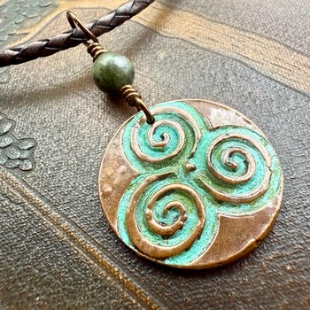 Triskele Copper Pendant, Verdigris Patina, Hand Carved, Connemara Marble, Triskelion Triple Spiral, Irish Celtic Pagan, Newgrange Ireland
