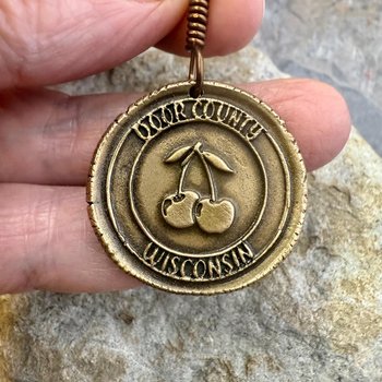 Door County Wisconsin, Cherries Charm, Bronze Pendant, Celtic Spirals,