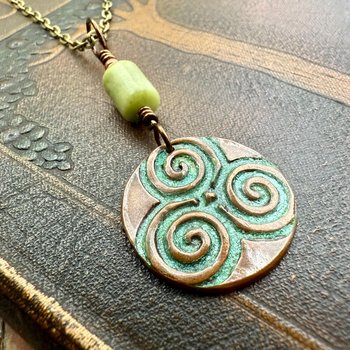 Triskele Copper Pendant, Verdigris Patina, Hand Carved, Connemara Marble, Triskelion Triple Spiral, Irish Celtic Pagan, Newgrange Ireland