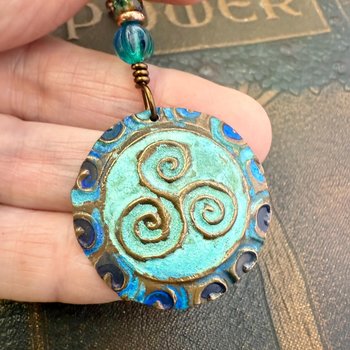 Triskele Copper Pendant, Verdigris Patina, Hand Carved, Czech Glass Beads, Triskelion Triple Spiral, Irish Celtic Pagan, Newgrange Ireland