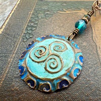 Triskele Copper Pendant, Verdigris Patina, Hand Carved, Czech Glass Beads, Triskelion Triple Spiral, Irish Celtic Pagan, Newgrange Ireland