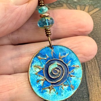 Celtic Sun Spiral Necklace, Copper Patina Pendant, Czech Glass Beads, Irish Celtic Spirals, Colorful Sun, Pagan Celtic Witch, Sun Goddess