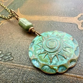 Celtic Sun Spiral Pendant, Copper Verdigris Patina, Irish Celtic Spirals, Connemara Marble, Leather & Vegan Cords, Earthy Rustic Art Jewelry