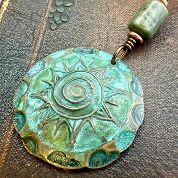 Celtic Sun Spiral Pendant, Copper Verdigris Patina, Irish Celtic Spirals, Connemara Marble, Leather & Vegan Cords, Earthy Rustic Art Jewelry