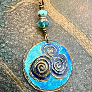 Newgrange Spirals, Copper Pendant, Czech Glass Beads, Triple Spiral, Irish Celtic Jewelry, Verdigris Patina, Blue Green Copper, Pagan Witch